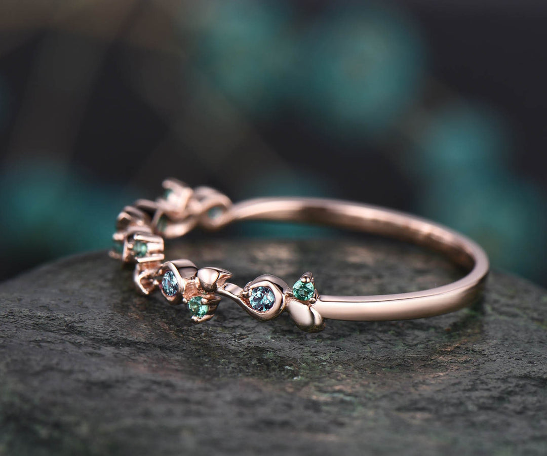 Unique natural emerald alexandrite wedding band leaf 14k rose gold stacking vintage dainty wedding ring band women anniversary ring gift