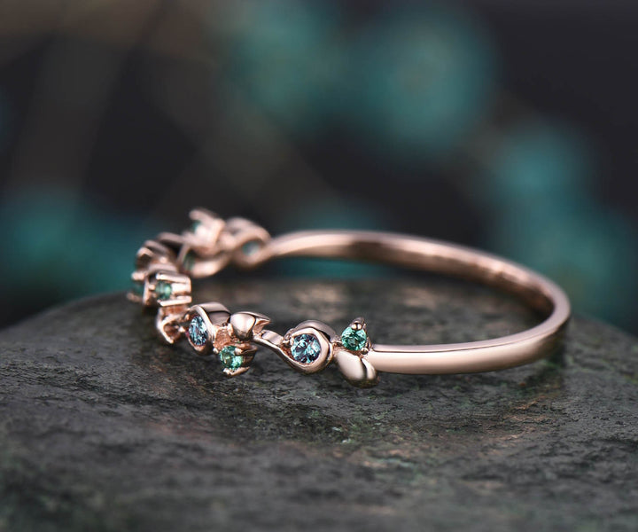Unique natural emerald alexandrite wedding band leaf 14k rose gold stacking vintage dainty wedding ring band women anniversary ring gift