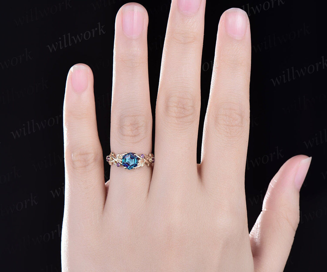 Twig Alexandrite ring vintage hexagon cut Alexandrite engagement ring white gold leaf amethyst ring June birthstone ring anniversary ring