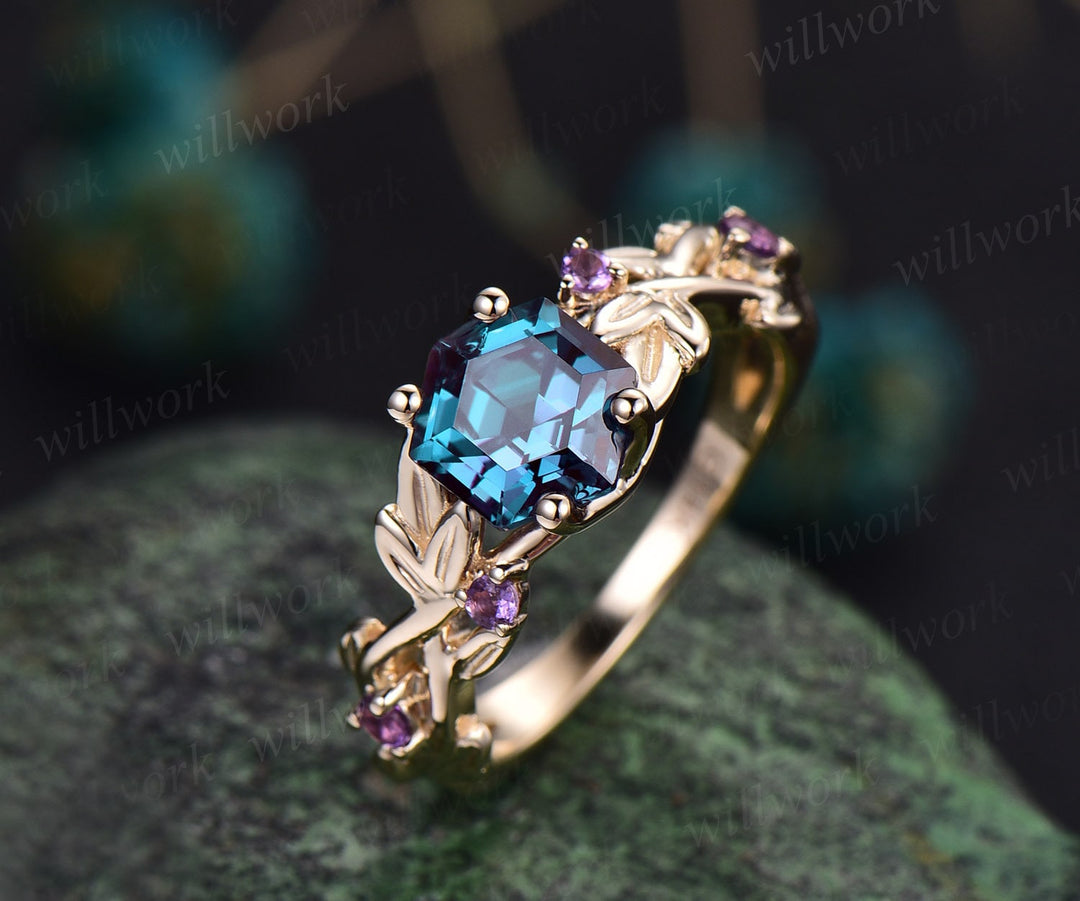 Twig Alexandrite ring vintage hexagon cut Alexandrite engagement ring white gold leaf amethyst ring June birthstone ring anniversary ring