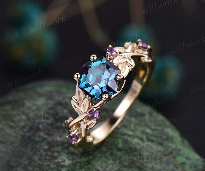 Twig Alexandrite ring vintage hexagon cut Alexandrite engagement ring white gold leaf amethyst ring June birthstone ring anniversary ring