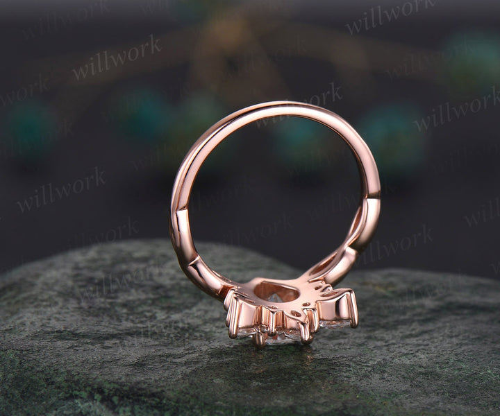 Vintage pear shaped blue sapphire engagement ring set art deco rose gold ring crown cluster opal ring women unique moissanite wedding ring