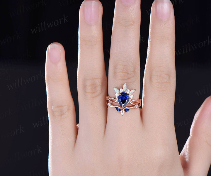 Vintage pear shaped blue sapphire engagement ring set art deco rose gold ring crown cluster opal ring women unique moissanite wedding ring
