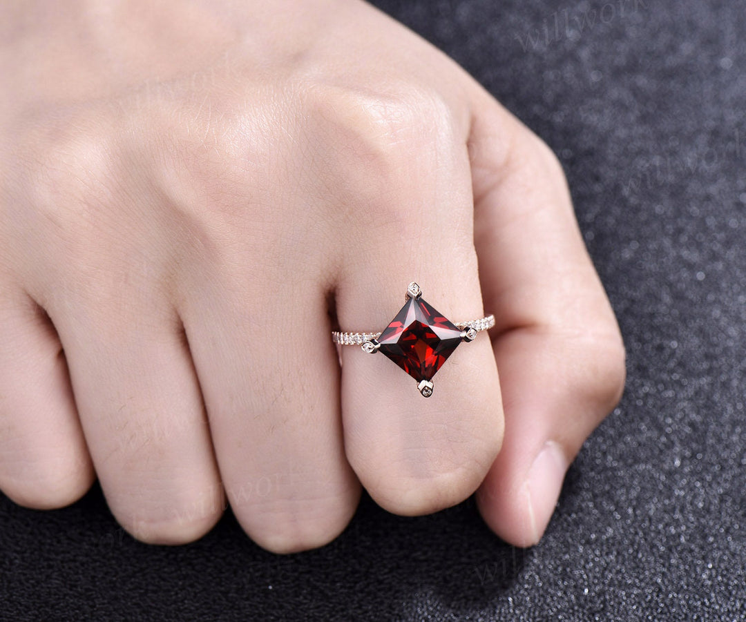 Unique princess cut red garnet engagement ring 14k rose gold pyramid under halo basket diamond ring vintage half eternity wedding ring women