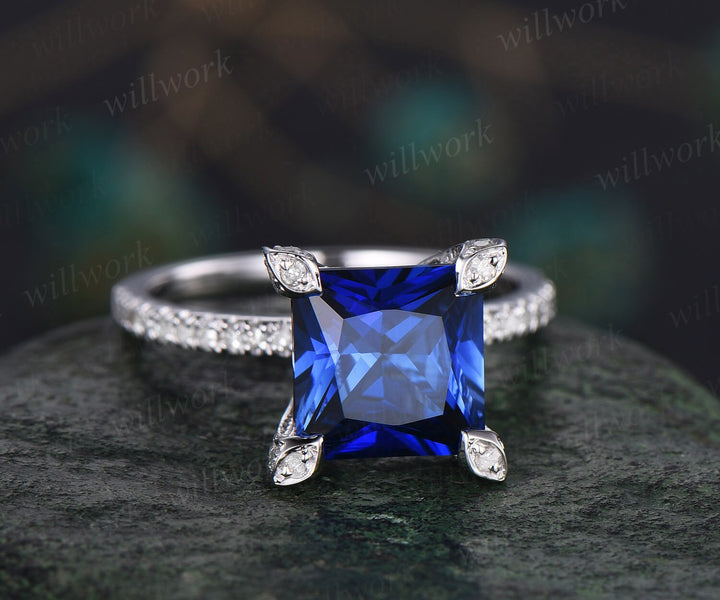 Princess cut sapphire ring vintage sapphire engagement ring set white gold art deco halo pyramid diamond ring unique bridal ring set women