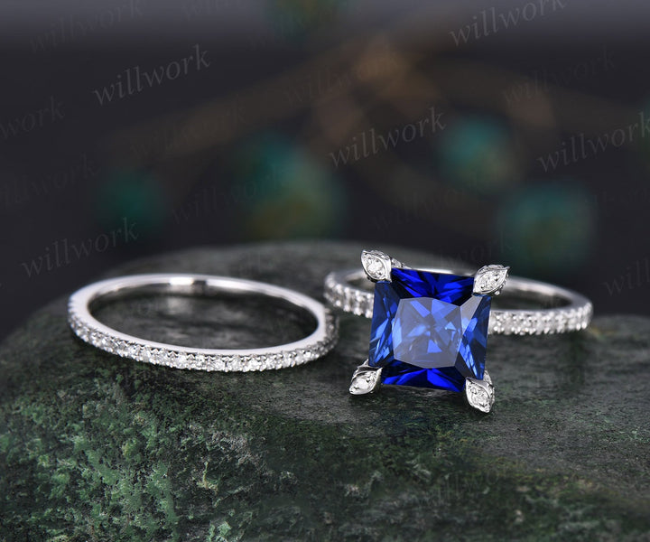 Princess cut sapphire ring vintage sapphire engagement ring set white gold art deco halo pyramid diamond ring unique bridal ring set women