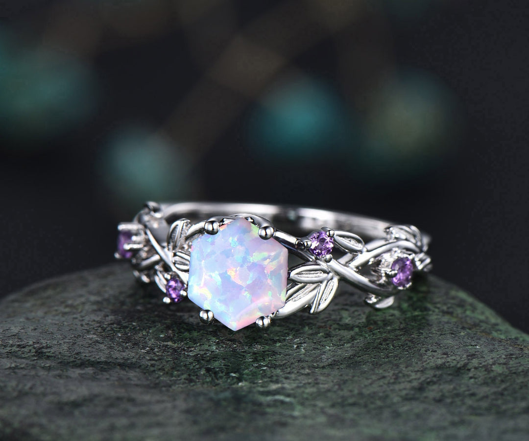Twig opal ring vintage hexagon cut white opal engagement ring white gold leaf amethyst ring women October birthstone ring anniversary ring