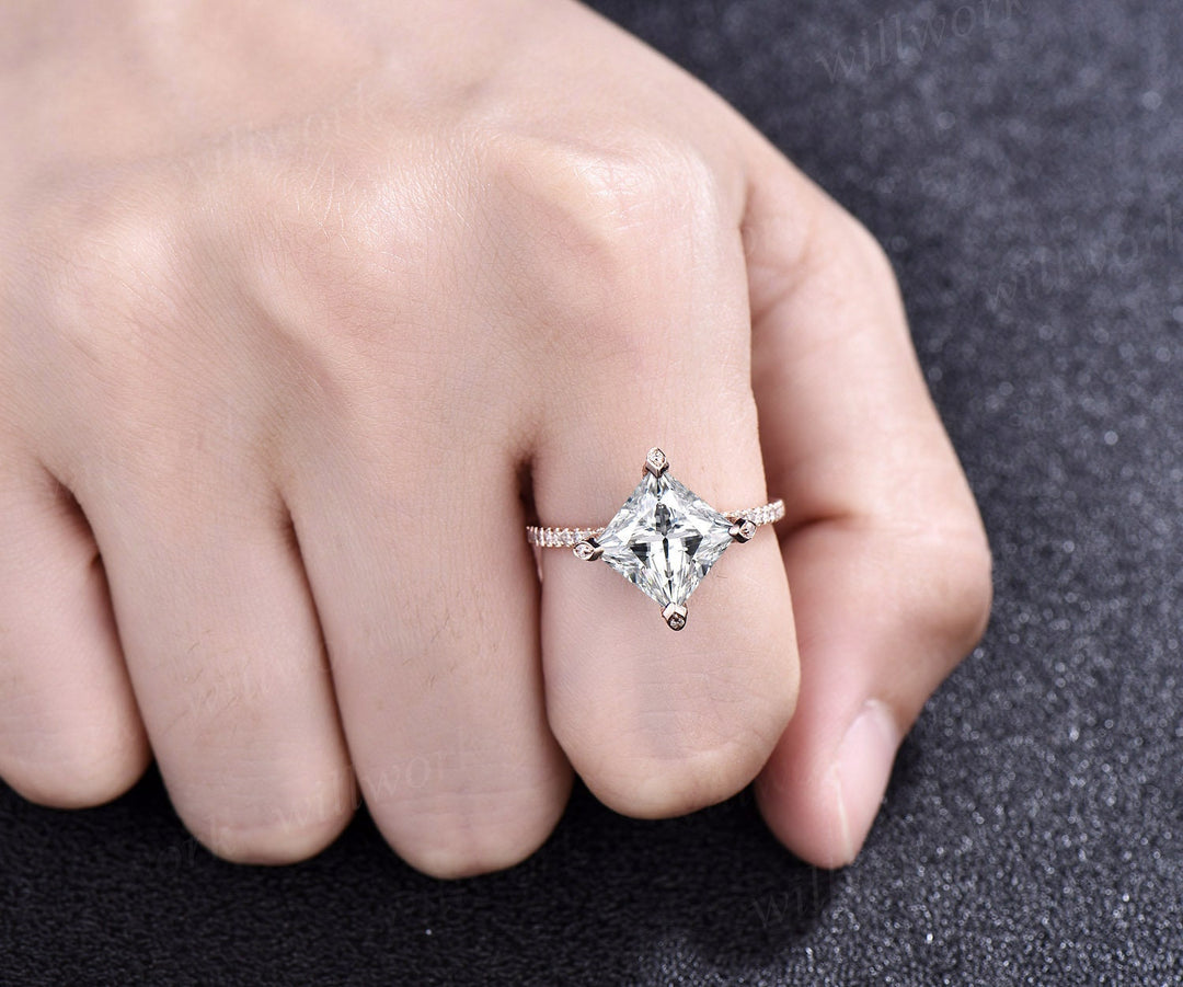 Unique princess cut moissanite engagement ring 14k rose gold pyramid under halo basket diamond ring vintage half eternity wedding ring women