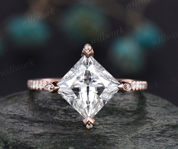 Unique princess cut moissanite engagement ring 14k rose gold pyramid under halo basket diamond ring vintage half eternity wedding ring women