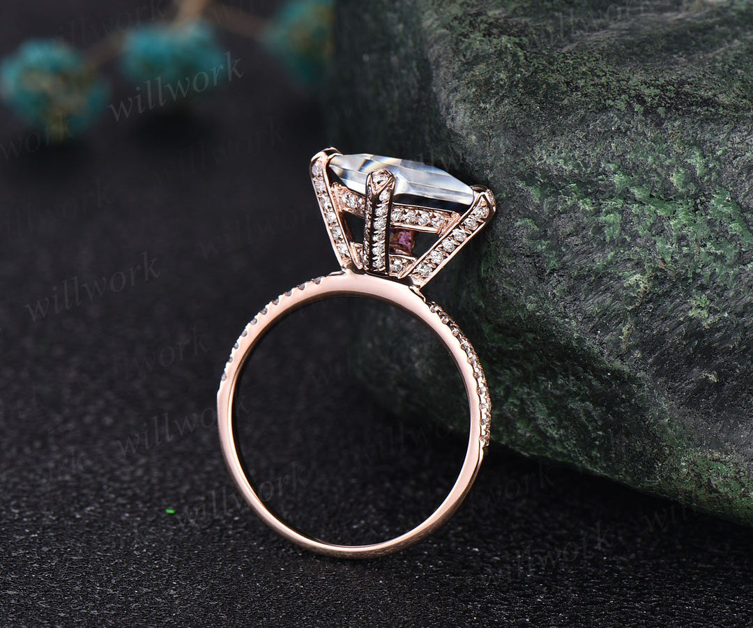 Unique princess cut moissanite engagement ring 14k rose gold pyramid under halo basket diamond ring vintage half eternity wedding ring women