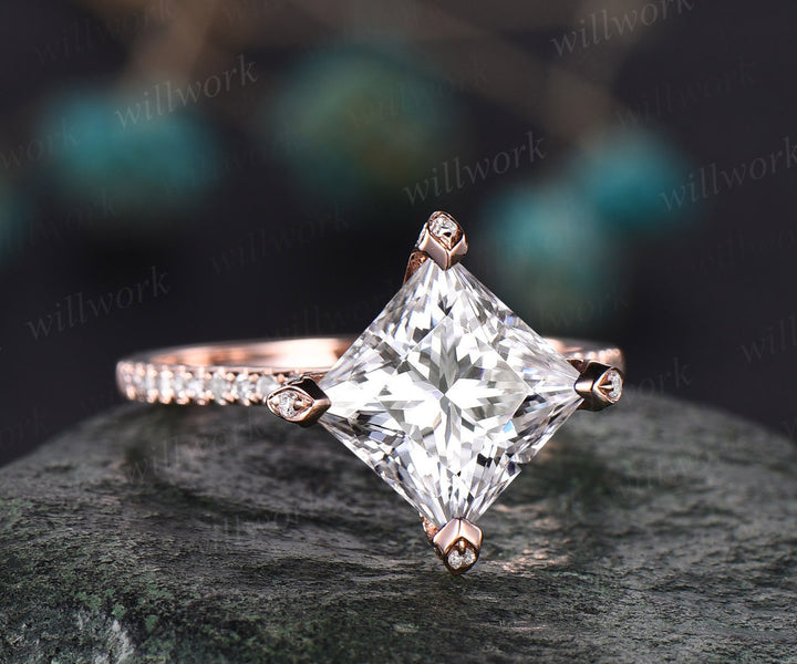 Unique princess cut moissanite engagement ring 14k rose gold pyramid under halo basket diamond ring vintage half eternity wedding ring women
