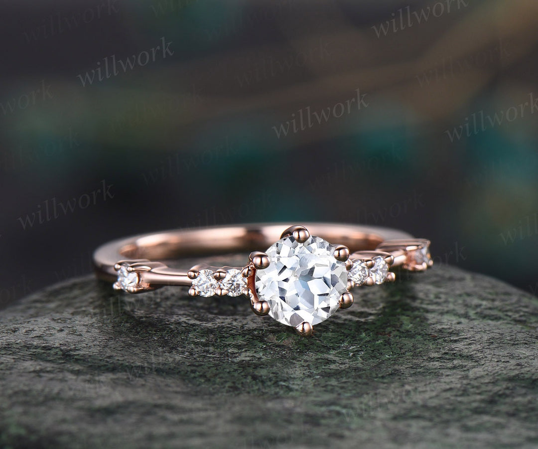 Dainty Round cut white sapphire ring unique white sapphire engagement ring for women 6 prong rose gold ring 7 stone diamond promise ring
