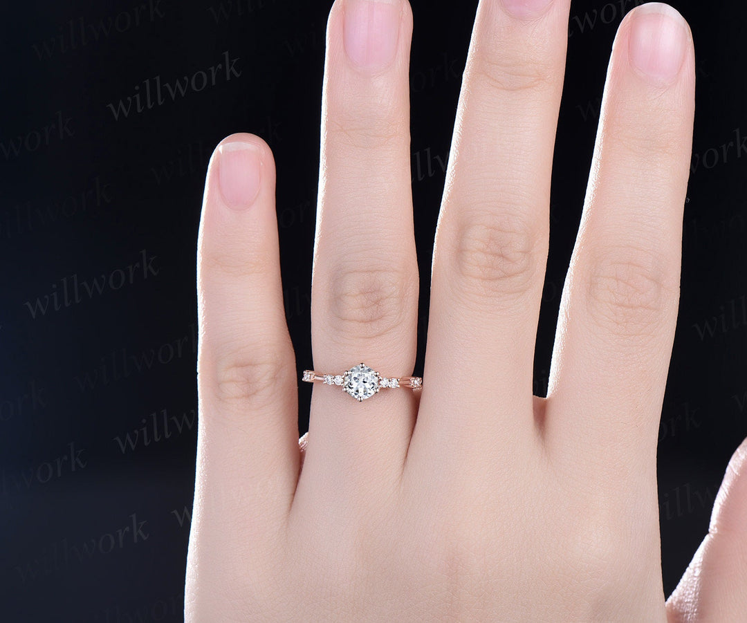 Dainty Round cut white sapphire ring unique white sapphire engagement ring for women 6 prong rose gold ring 7 stone diamond promise ring