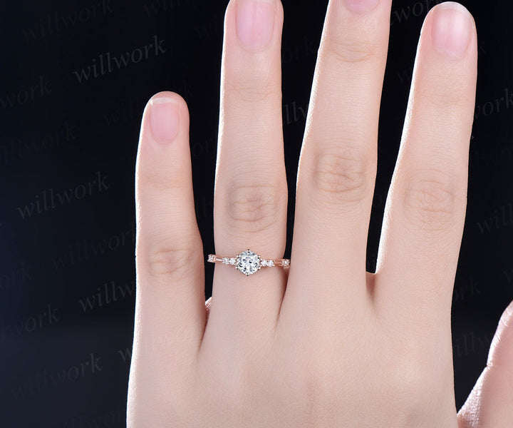 Dainty Round cut white sapphire ring unique white sapphire engagement ring for women 6 prong rose gold ring 7 stone diamond promise ring