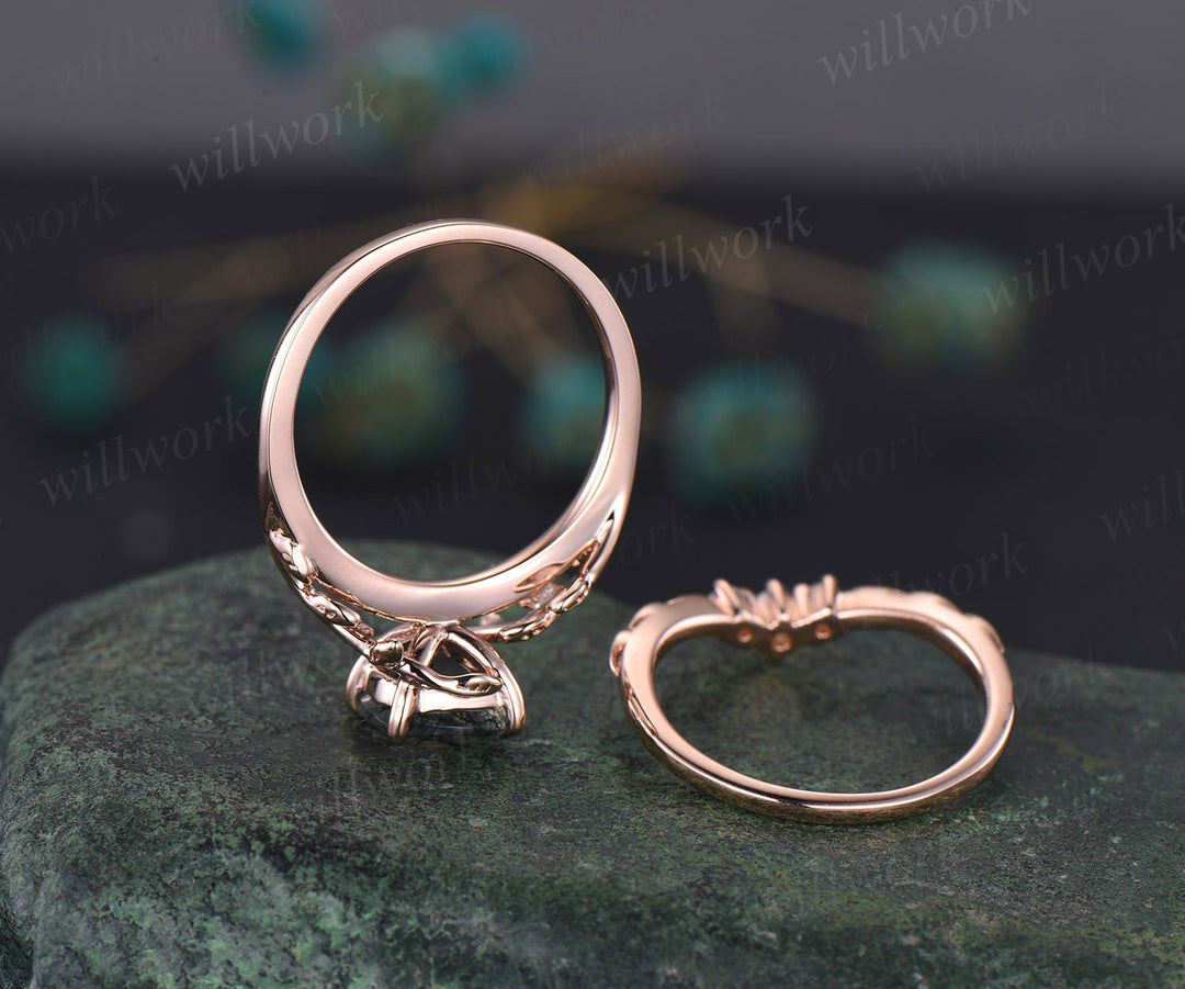 Twig cushion cut morganite engagement ring set leaf branch rose gold three stone diamond ring unique nature inspired wedding ring for women