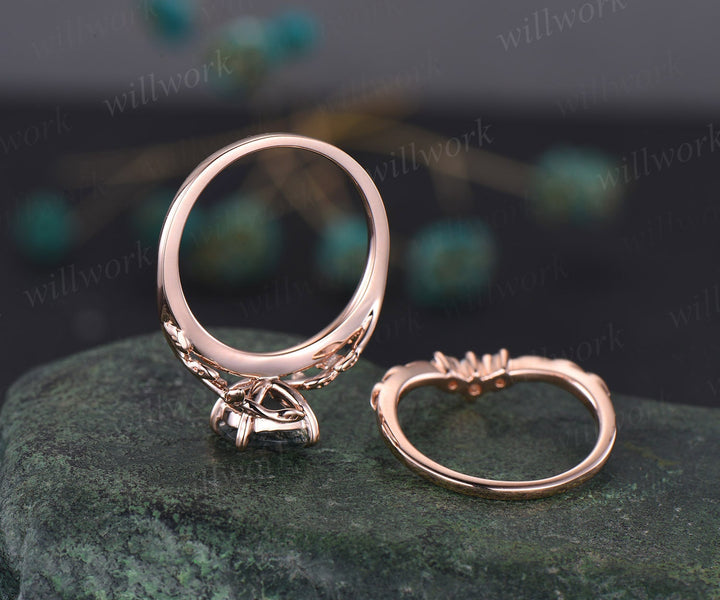 Twig cushion cut morganite engagement ring set leaf branch rose gold three stone diamond ring unique nature inspired wedding ring for women