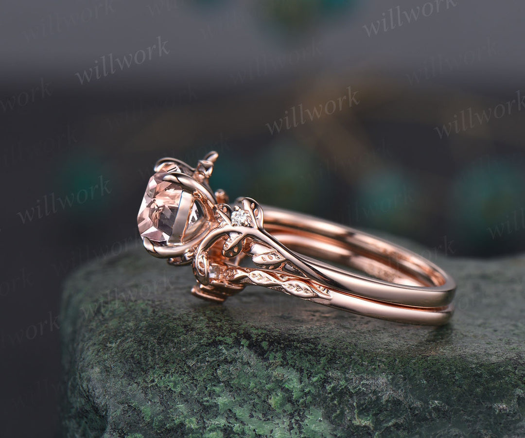 Twig cushion cut morganite engagement ring set leaf branch rose gold three stone diamond ring unique nature inspired wedding ring for women