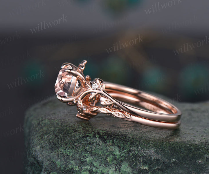 Twig cushion cut morganite engagement ring set leaf branch rose gold three stone diamond ring unique nature inspired wedding ring for women