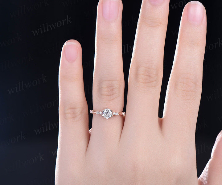 Round moissanite ring vintage dainty moissanite engagement ring rose gold unique 6 prong engagement ring 7 stone diamond wedding ring women