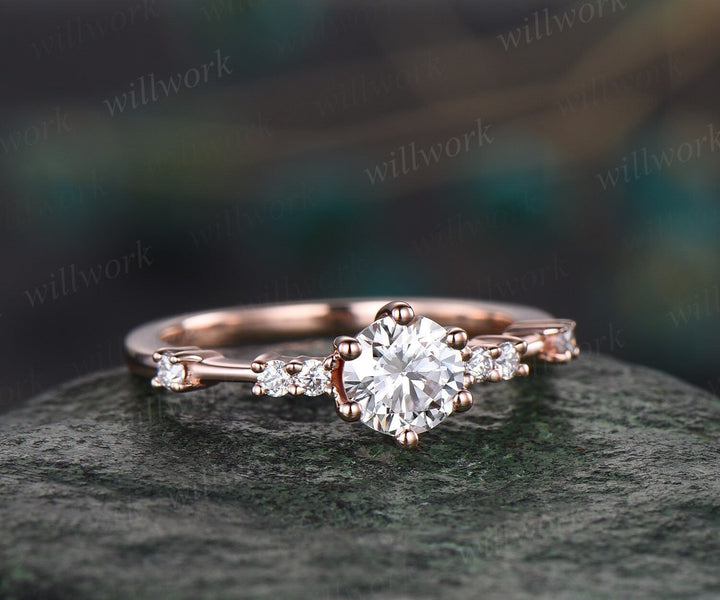 Round moissanite ring vintage dainty moissanite engagement ring rose gold unique 6 prong engagement ring 7 stone diamond wedding ring women