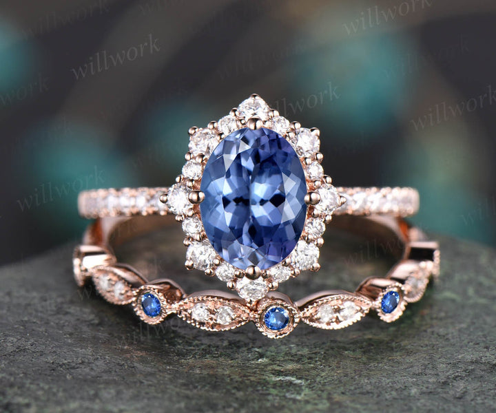 Oval cut Tanzanite engagement ring set solid 14k rose gold snowdrift moissanite ring art deco sapphire diamond wedding ring band for women