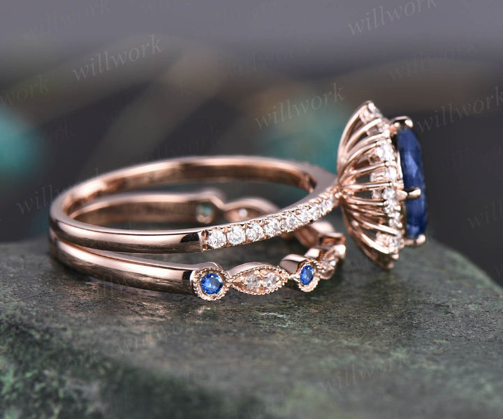 Oval cut Tanzanite engagement ring set solid 14k rose gold snowdrift moissanite ring art deco sapphire diamond wedding ring band for women