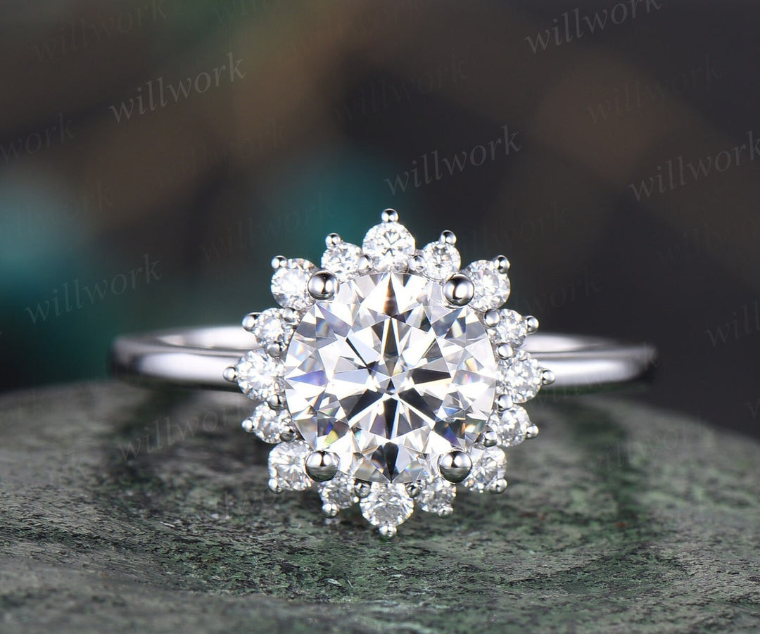 1ct moissanite ring vintage round moissanite engagement ring halo 14k white gold sunflower snowdrift diamond ring women unique promise ring
