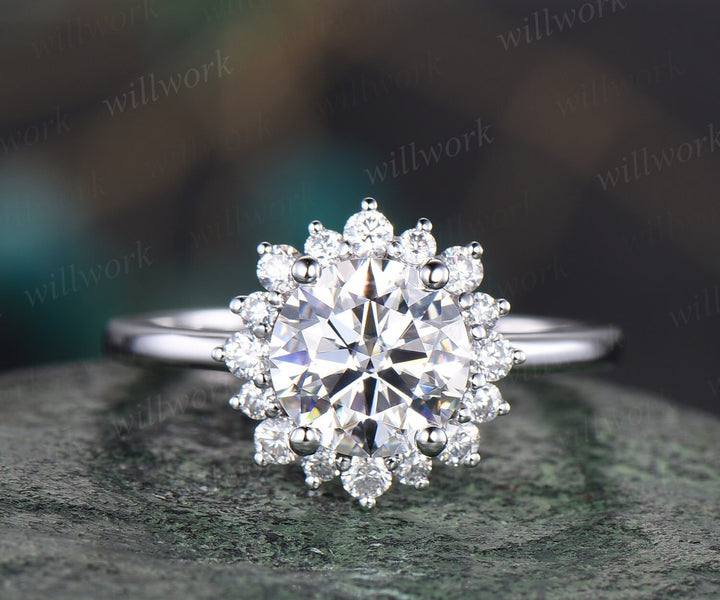 1ct moissanite ring vintage round moissanite engagement ring halo 14k white gold sunflower snowdrift diamond ring women unique promise ring