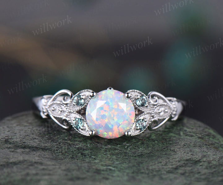 Round cut opal ring vintage white opal engagement ring solid 14k white butterfly alexandrite diamond ring unique anniversary ring women gift