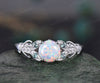 Round cut opal ring vintage white opal engagement ring solid 14k white butterfly alexandrite diamond ring unique anniversary ring women gift