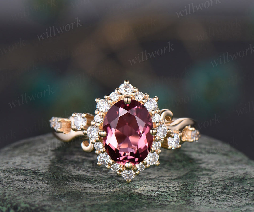 Vintage oval cut pink tourmaline engagement ring solid 14k yellow gold snowdrift halo diamond ring unique bridal ring for women fine jewelry
