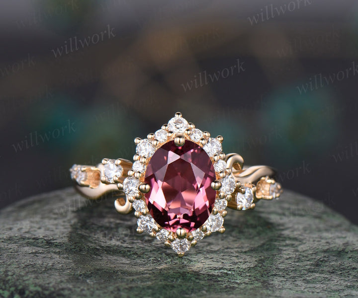 Vintage oval cut pink tourmaline engagement ring solid 14k yellow gold snowdrift halo diamond ring unique bridal ring for women fine jewelry