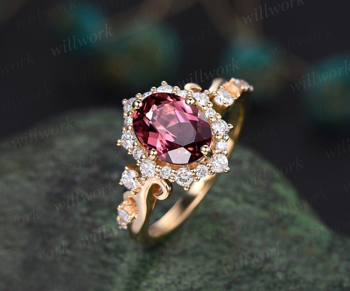 Vintage oval cut pink tourmaline engagement ring solid 14k yellow gold snowdrift halo diamond ring unique bridal ring for women fine jewelry