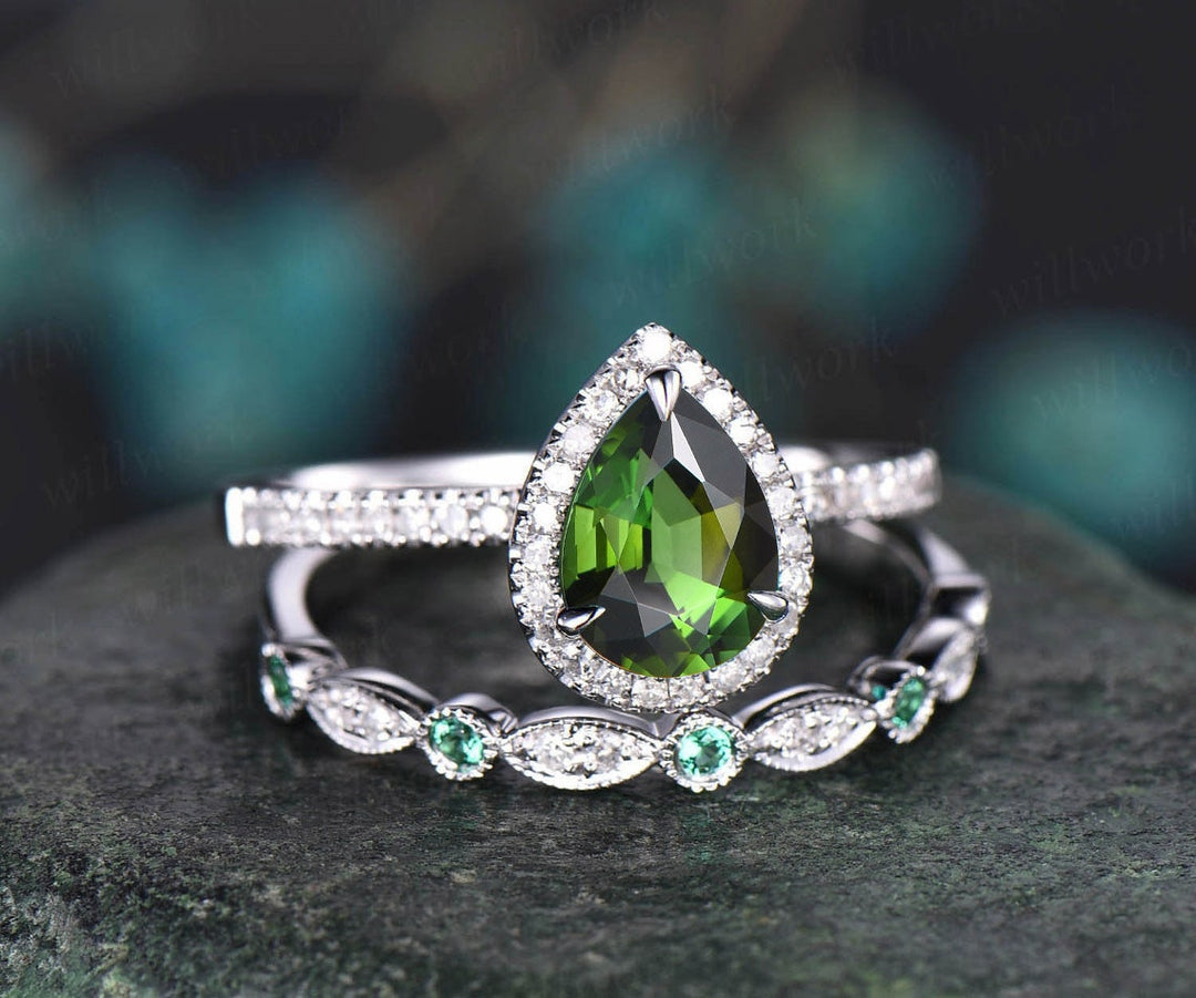 Pear shaped green tourmaline ring rose gold engagement ring set halo diamond ring dainty emerald ring for women bridal set fine jewelry