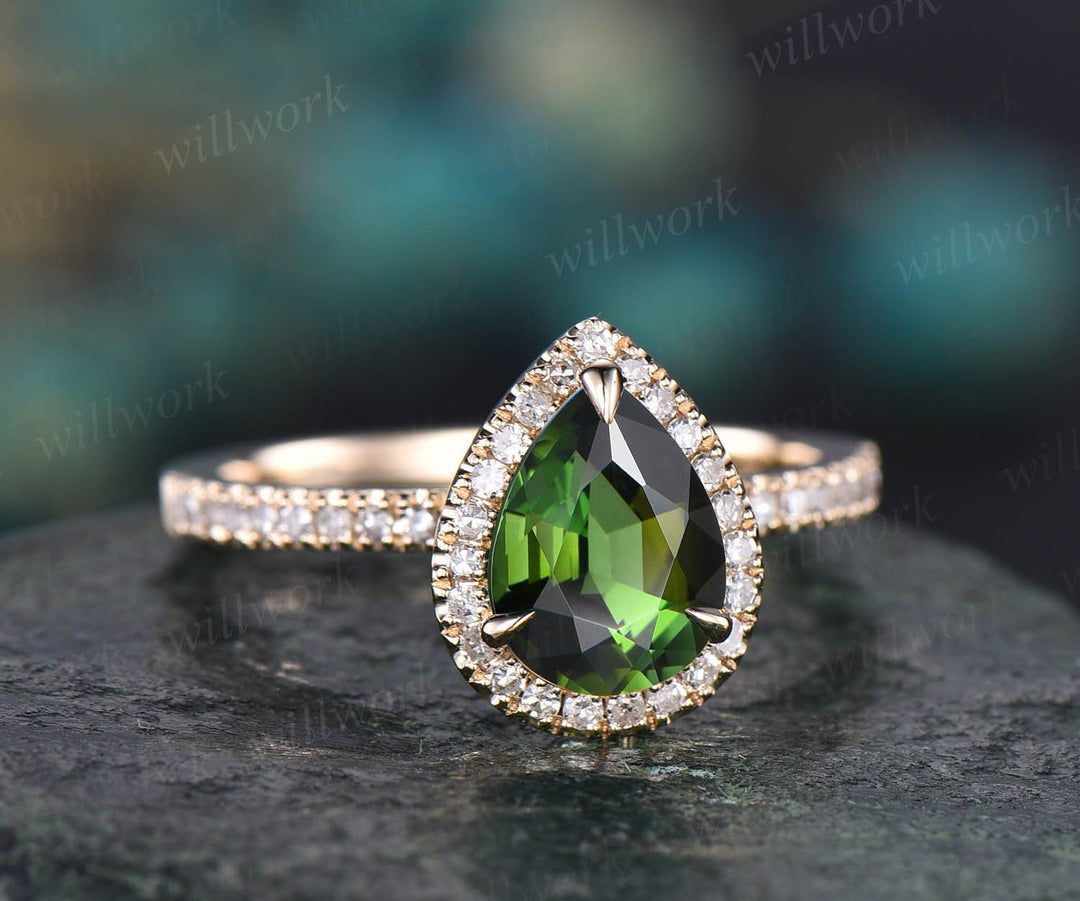 Pear shaped green tourmaline ring rose gold engagement ring set halo diamond ring dainty emerald ring for women bridal set fine jewelry