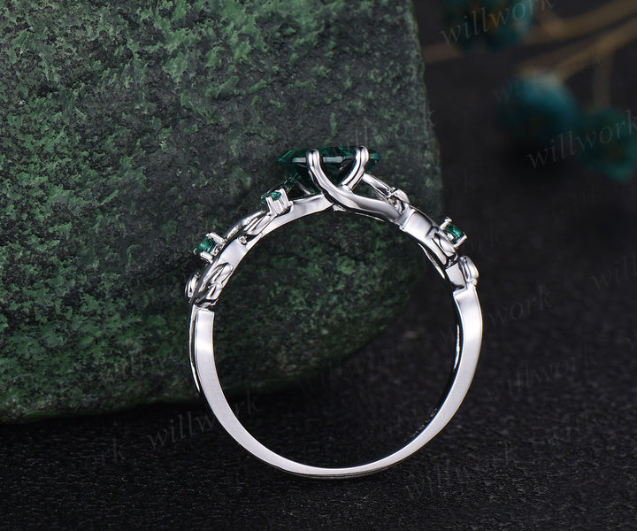 7mm emerald ring vintage hexagon cut emerald engagement ring women solid 14k white gold leaf ring May birthstone ring promise ring for her