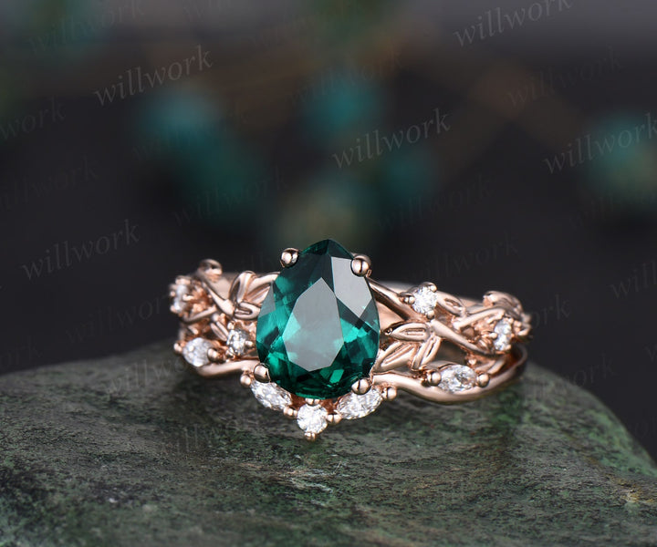 Twig pear shaped emerald engagement ring set 14k rose gold five stone leaf branch Nature inspired ring diamond wedding ring set women gift