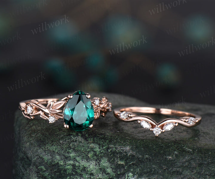 Twig pear shaped emerald engagement ring set 14k rose gold five stone leaf branch Nature inspired ring diamond wedding ring set women gift