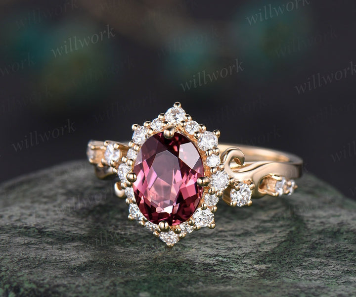 Vintage oval cut pink tourmaline engagement ring solid 14k yellow gold snowdrift halo diamond ring unique bridal ring for women fine jewelry