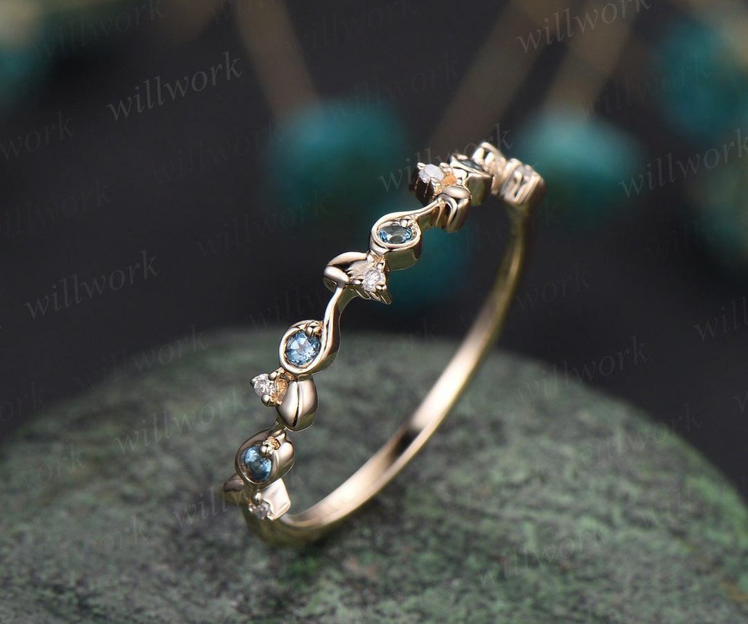 Vintage London blue topaz wedding band unique half eternity diamond wedding ring band dainty anniversary ring women graduation gift jewelry