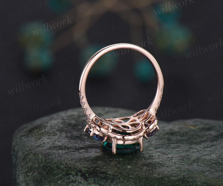 3ct oval cut emerald ring vintage emerald engagement ring solid 14k rose gold alexandrite ring halo diamond ring women unique promise ring