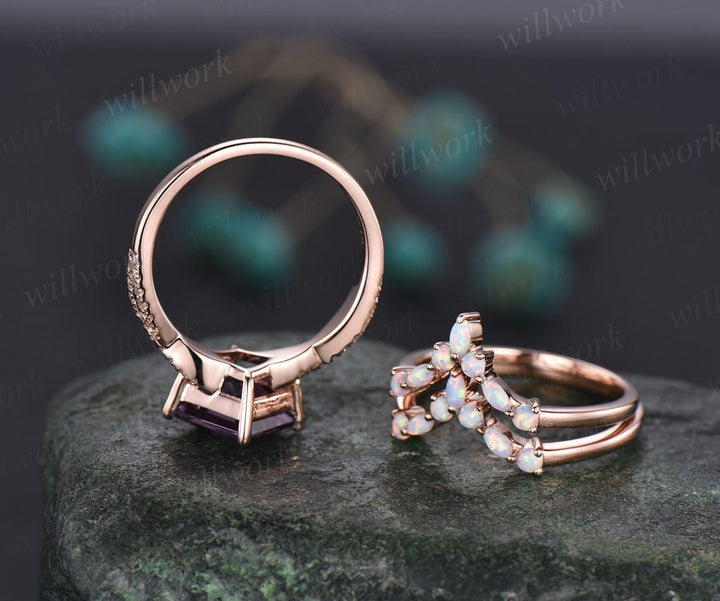 Princess cut purple amethyst ring vintage amethyst  engagement ring set solid 14k rose gold opal twisted moissanite wedding ring set women