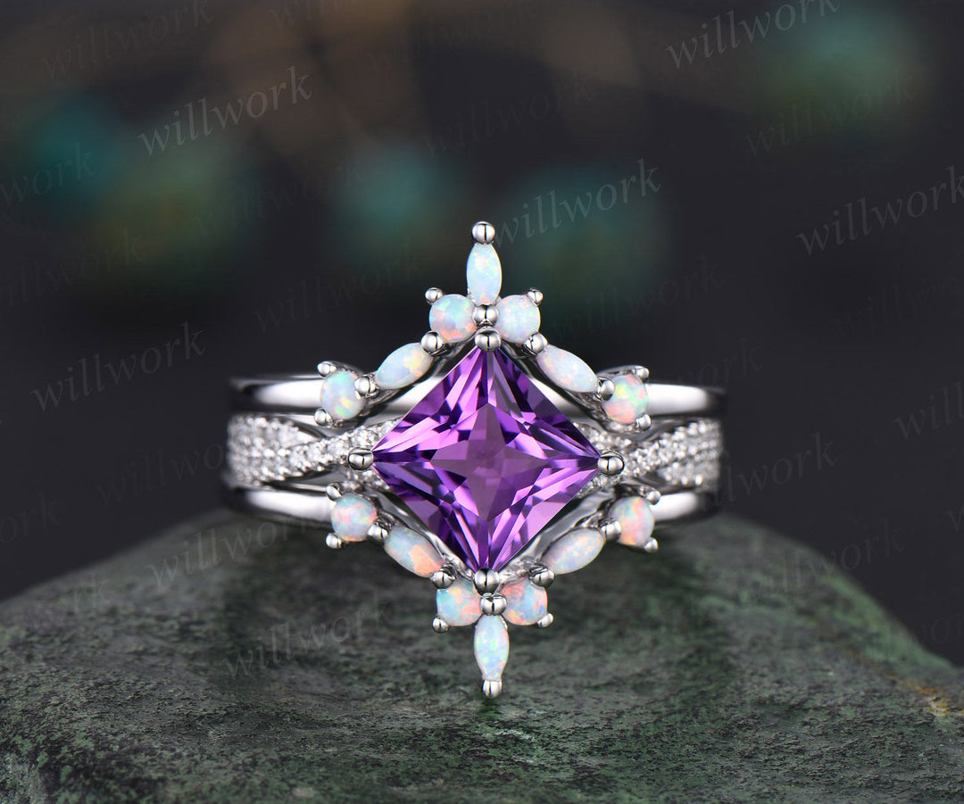 Princess cut purple amethyst ring vintage amethyst  engagement ring set solid 14k rose gold opal twisted moissanite wedding ring set women