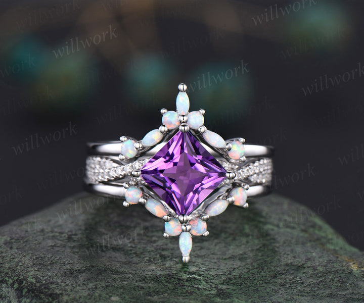 Princess cut purple amethyst ring vintage amethyst  engagement ring set solid 14k rose gold opal twisted moissanite wedding ring set women
