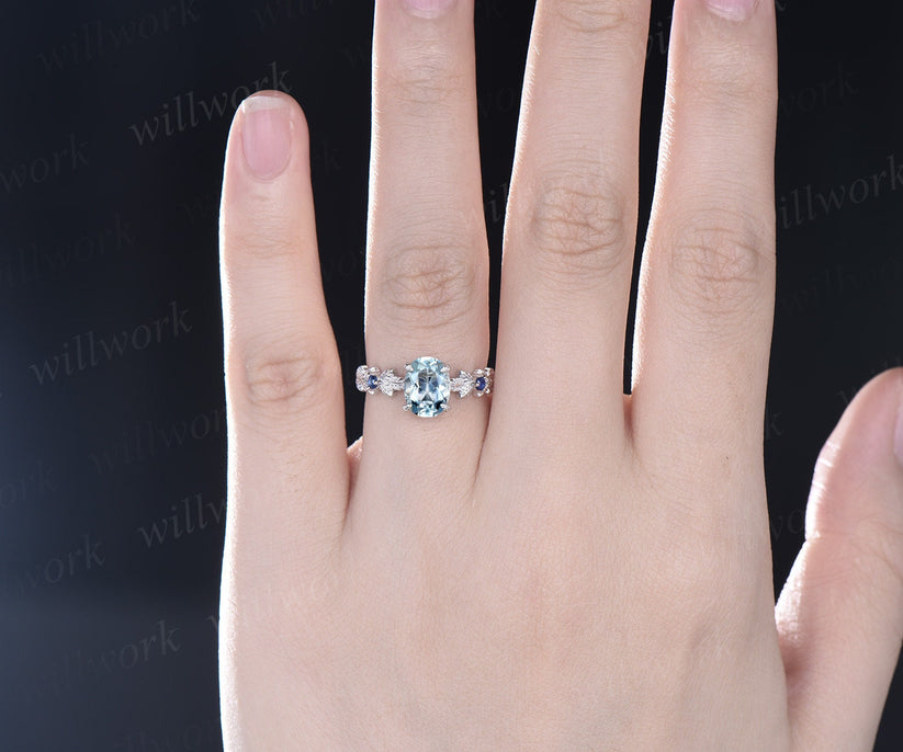 Oval cut Aquamarine ring gold vintage unique engagement ring Nature inspired leaf twig ring sapphire ring women wedding promise ring silver
