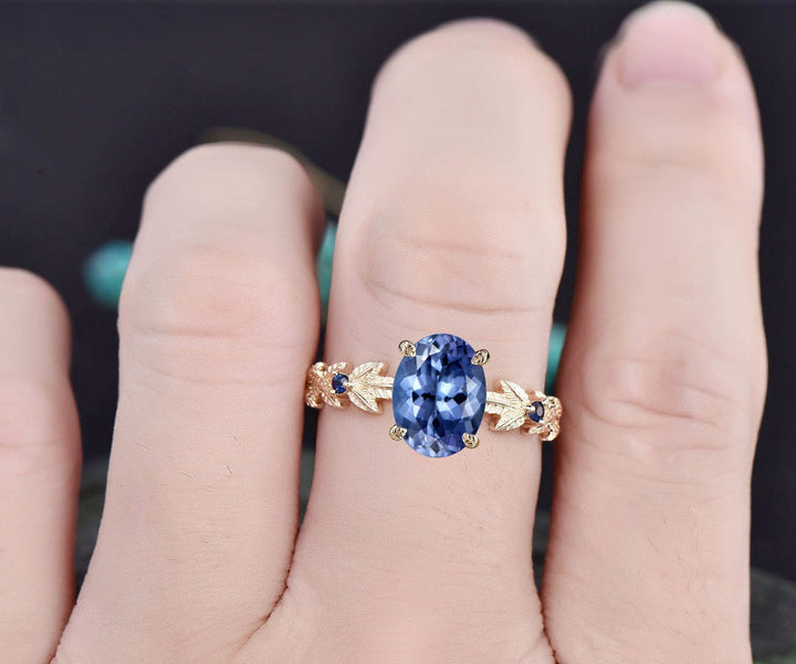 Oval cut Tanzanite ring vintage Tanzanite engagement ring white gold three stone Nature inspired leaf natural sapphire ring women jewelry