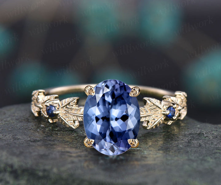 Oval cut Tanzanite ring vintage Tanzanite engagement ring white gold three stone Nature inspired leaf natural sapphire ring women jewelry