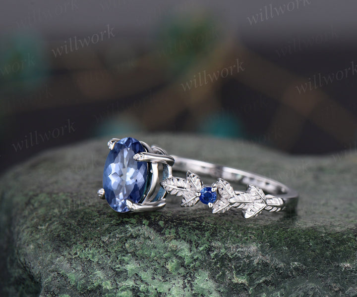 Oval cut Tanzanite ring vintage Tanzanite engagement ring white gold three stone Nature inspired leaf natural sapphire ring women jewelry