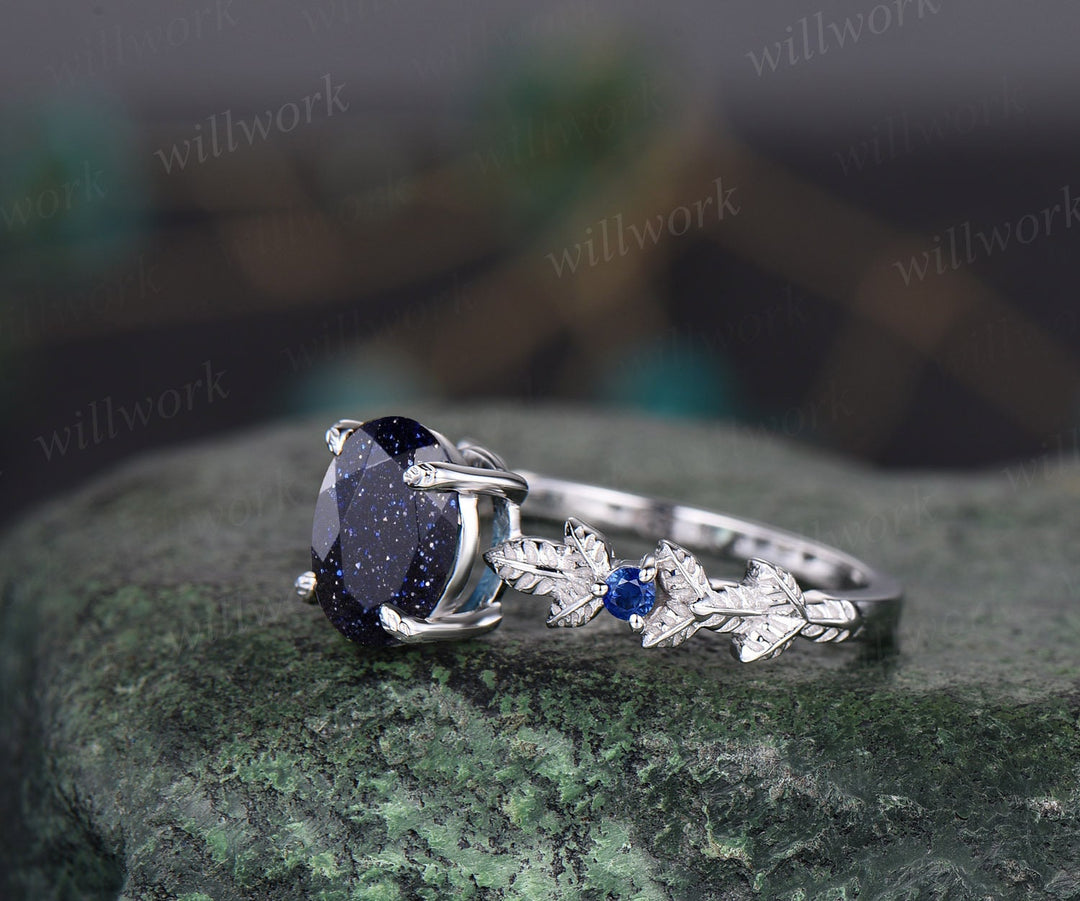Oval cut blue goldstone ring vintage blue sandstone engagement ring white gold three stone Nature inspired leaf natural sapphire ring women