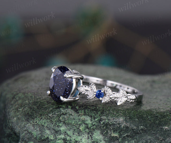 Oval cut blue goldstone ring vintage blue sandstone engagement ring white gold three stone Nature inspired leaf natural sapphire ring women